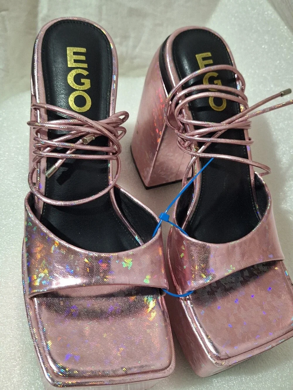 Pink Holographic Platform Block Heel Sandals